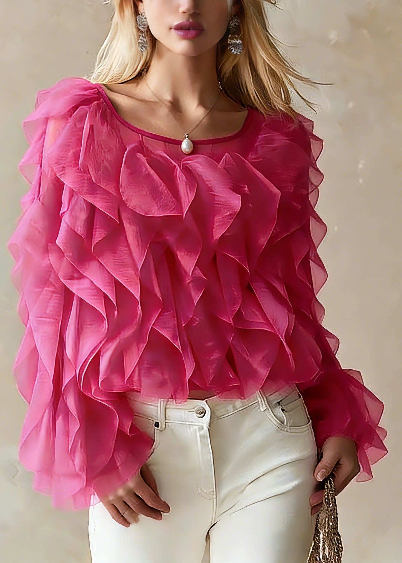 Pink O-neck Ruffled Chiffon Top Spring