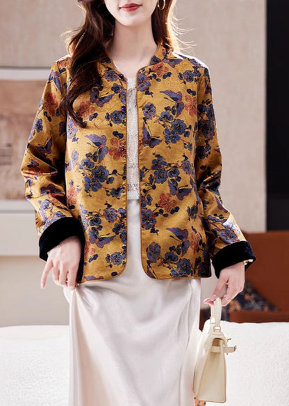 Chinese Style Yellow Stand Collar Jacquard Silk Coats Spring