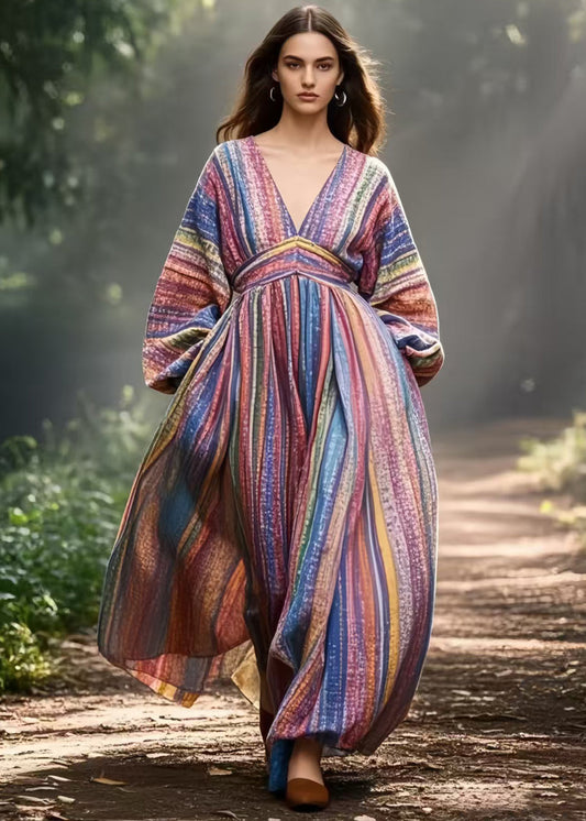 Colorblock V Neck Striped Cotton Vacation Dresses Spring