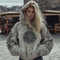 Women's Vegvisir Viking Celtic Runes Knit Jacquard Cozy Hooded Sweater artswardrobe