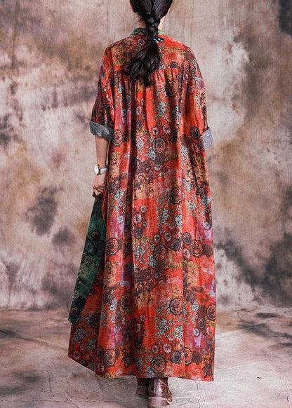 Loose Fall Red Patchwork Green Print Pockets Coat for Woman
