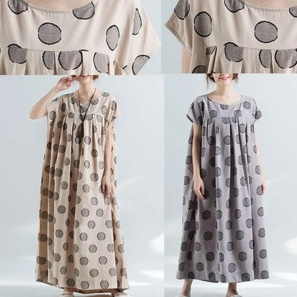 Organic Nude Dotted Prints Cotton Tunic Pattern Loose Waist Maxi Summer Dress