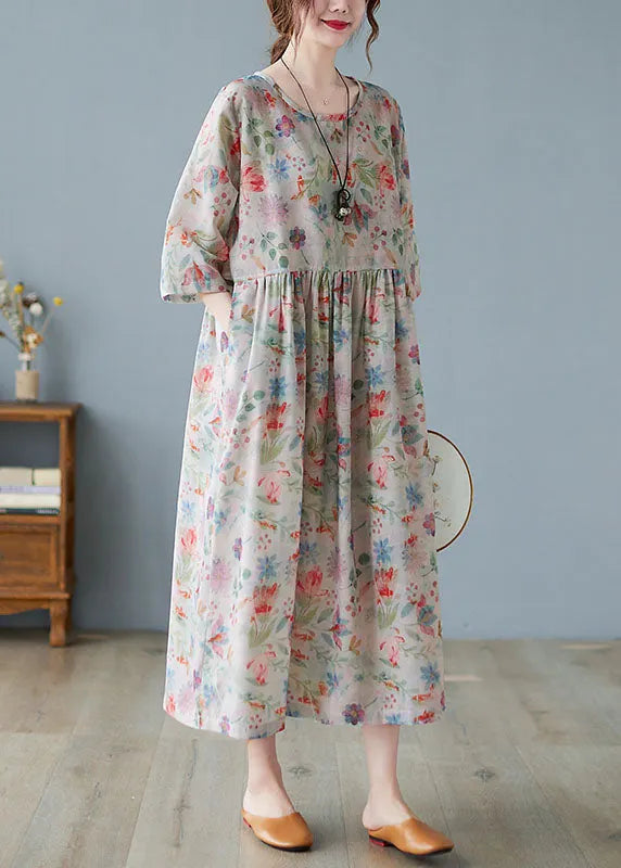 Wrinkled Print Exra Large Hem Linen Long Dress Three Quarter Sleeve