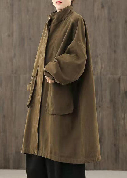 Handmade Coffee Zippered Pockets Patchwork Fall Trench Coats