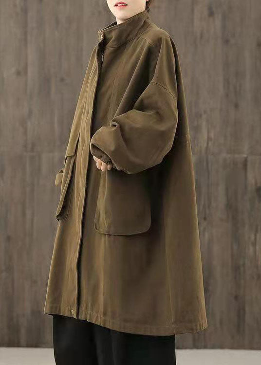 Handmade Coffee Zippered Pockets Patchwork Fall Trench Coats