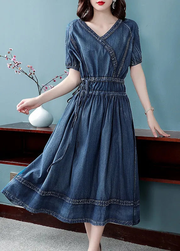Blue V Neck Patchwork Cotton Denim Pleated Cinch Dress Short Sleeve