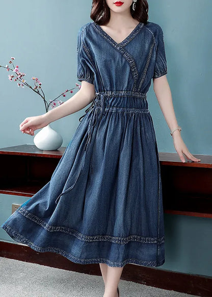 Blue V Neck Patchwork Cotton Denim Pleated Cinch Dress Short Sleeve