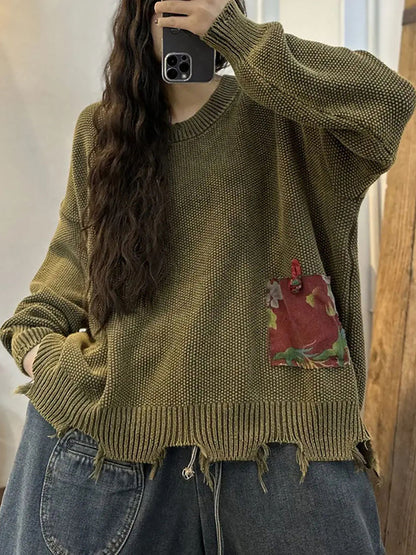 Knitted Patch Designs Irreagular Hem Sweater