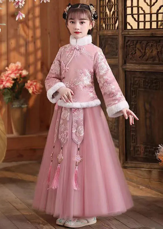 Pink Fur Collar Embroideried Coats and Tulle Maxi Skirts Two Pieces Set Winter