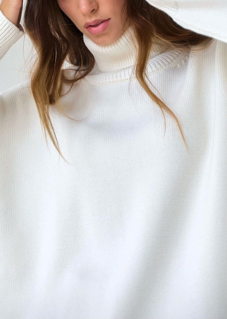 Simple Loose White Hign Neck Thick Knit Sweaters Fall