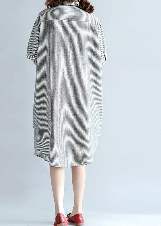 Side Open Cotton Long Shirts Work Gray Striped Dresses Summer