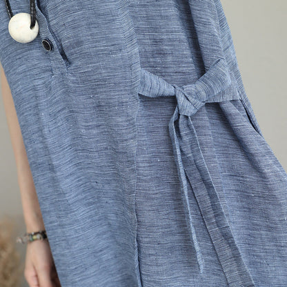 Blue Natural Linen Dress Side Tie Waist Linen Clothing Dress Lapel Collar Linen Caftans