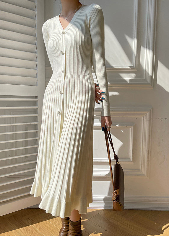 Apricot V Neck Wrinkled Button Knit Sweaters Dress Fall