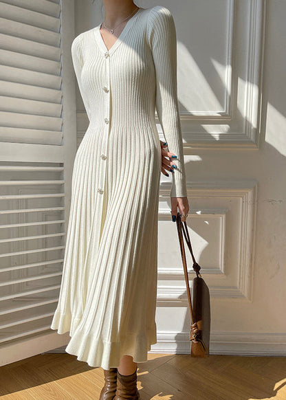 Apricot V Neck Wrinkled Button Knit Sweaters Dress Fall