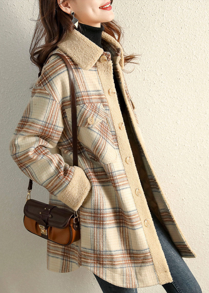 Khaki Peterpan Collar Plaid Winter Fleece Coat