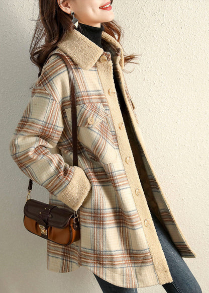 Khaki Peterpan Collar Plaid Winter Fleece Coat
