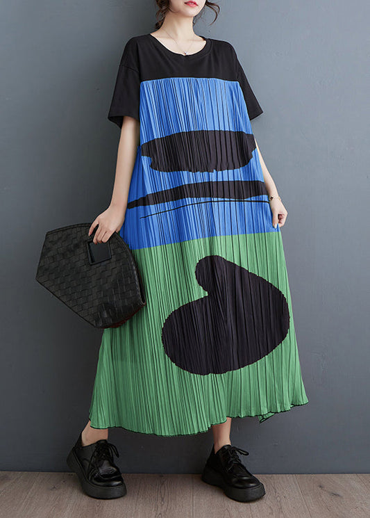 Diy Blue Oversized Patchwork Print Cotton Maxi Dress Summer