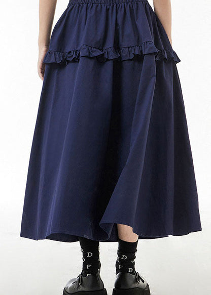 Blue Loose a Line Skirts Ruffled Elastic Waist Spring