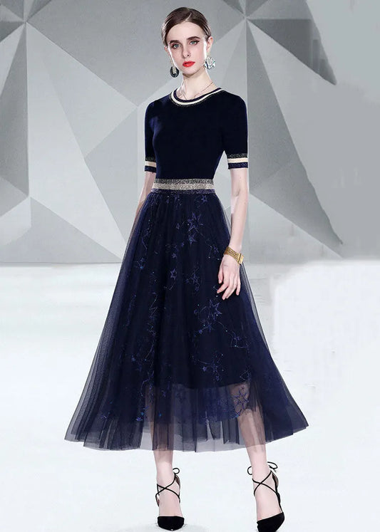 Italian Black O Neck Knit Tops and Tulle Skirts Embroideried 2 Piece Summer