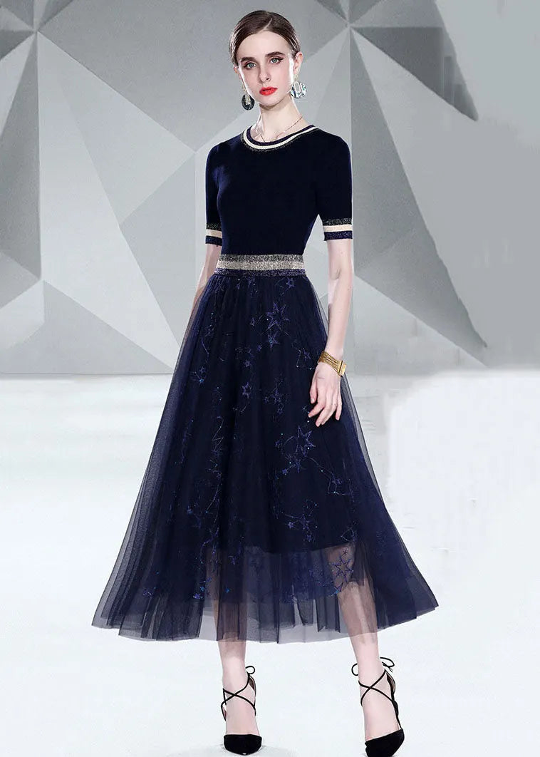 Italian Black O Neck Knit Tops and Tulle Skirts Embroideried 2 Piece Summer