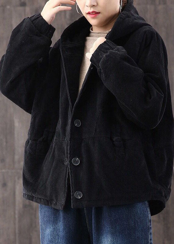 Black Warm Fine Cotton Filled Corduroy Hooded Coat Winter