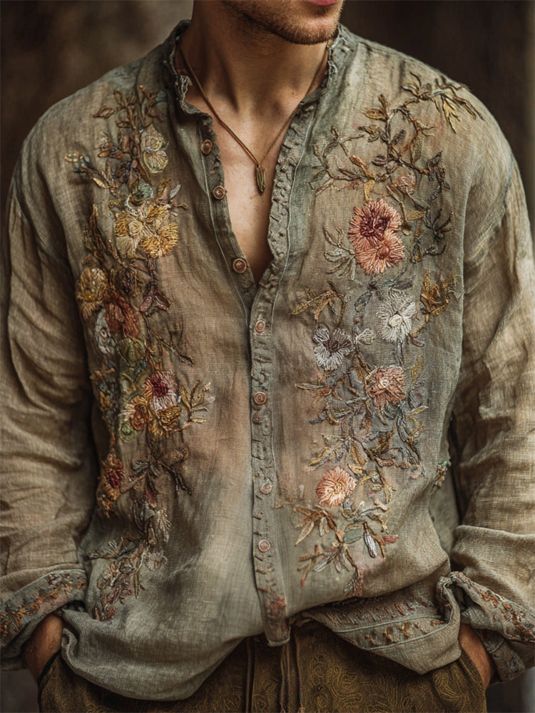 Men's Vintage Boho Floral Embroidered Dyed Linen Shirt elevenforest