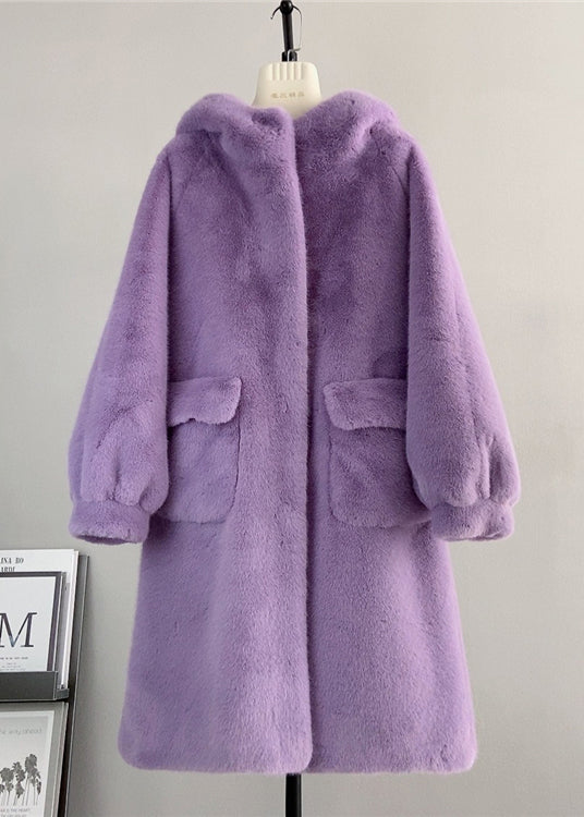 Pink Hooded Pockets Mink Cashmere Coats Winter