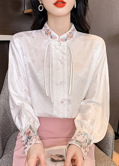 White Stand Collar Embroidered Silk Shirts Long Sleeve