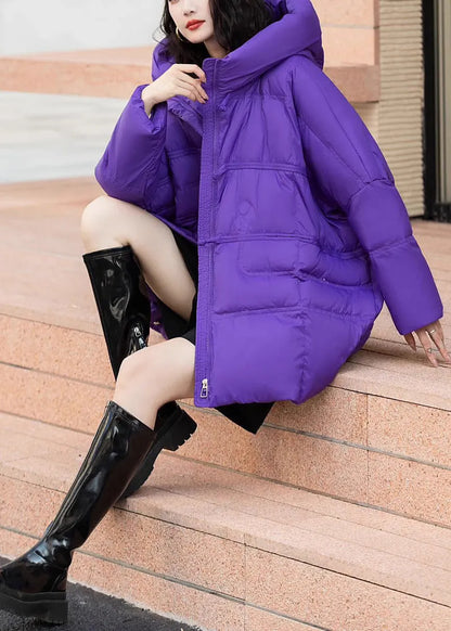 Purple Dcotton Blend Puffers Jackets Oversized Hooded Winter
