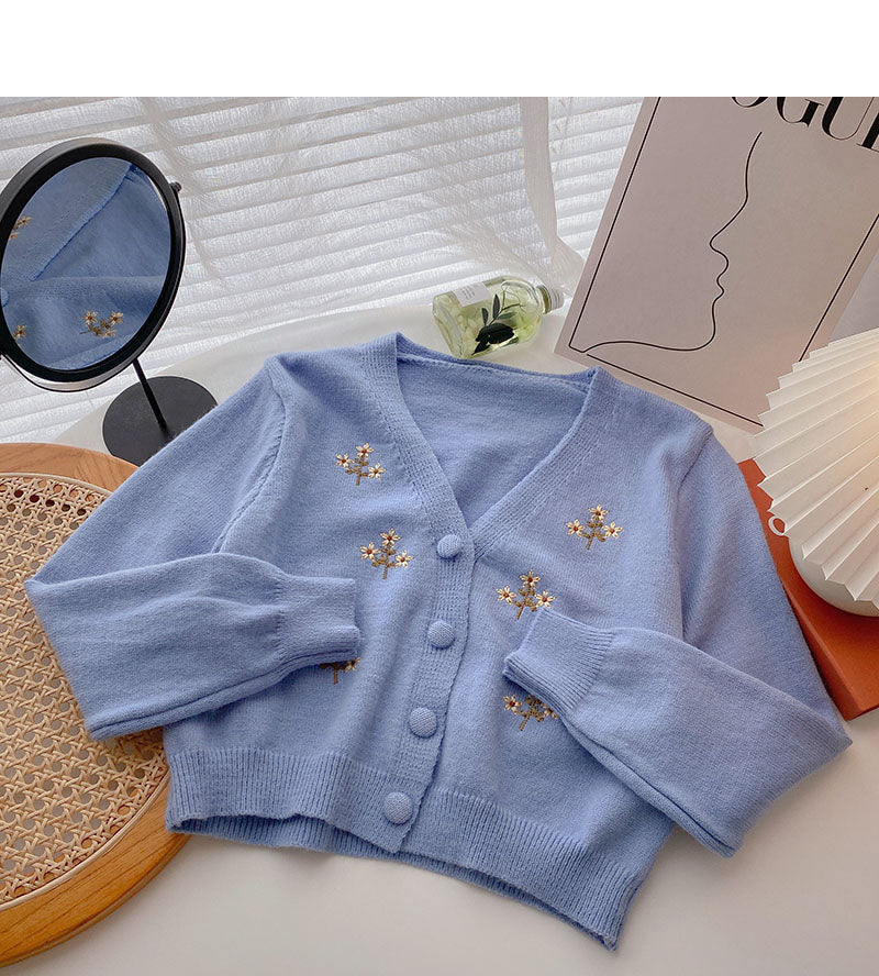 Embroidery V-neck Short Long Sleeve Jacket 5849
