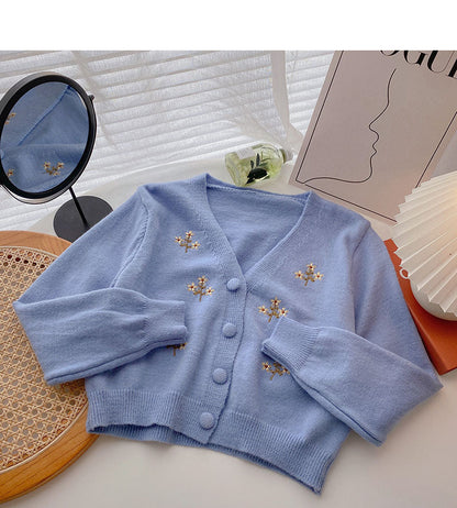 Embroidery V-neck Short Long Sleeve Jacket 5849