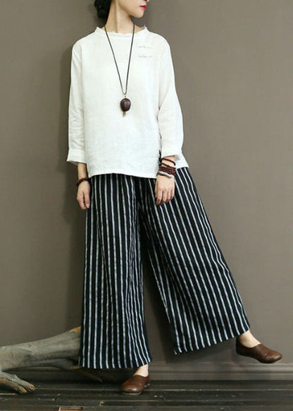 Black Striped Linen Wide Leg Pants Elastic Waist Oversized