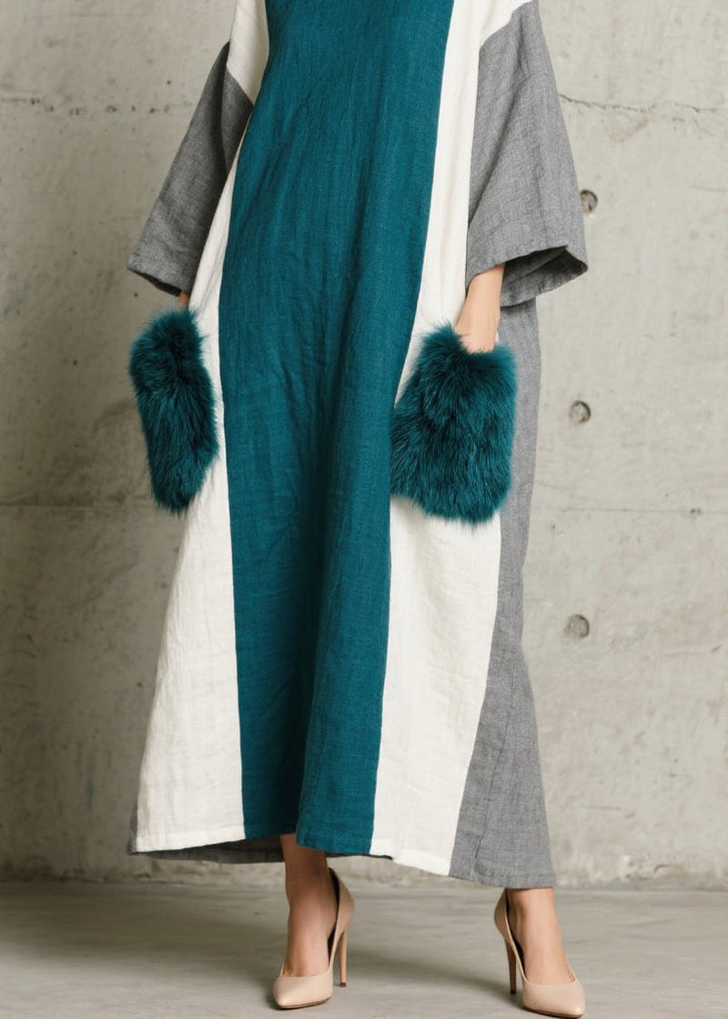 Colorblock O Neck Fuzzy Fur Patchwork Cotton Dress Fall