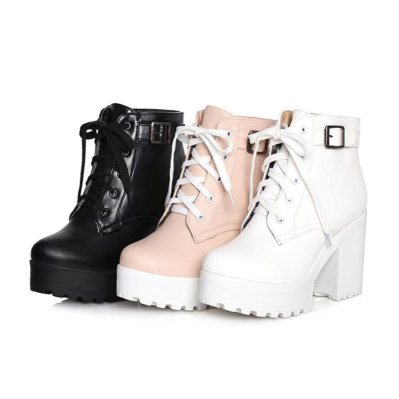 Cross Strap Chunky Boots Pink Faux Leather