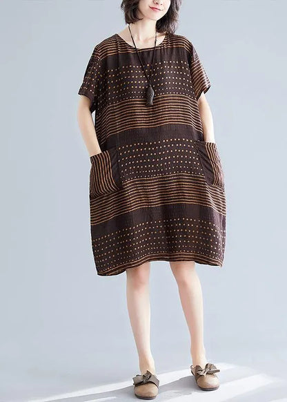 Chocolate Dotted Cotton Tunic Top O Neck Pockets Short Dress