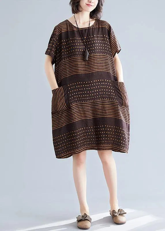 Chocolate Dotted Cotton Tunic Top O Neck Pockets Short Dress