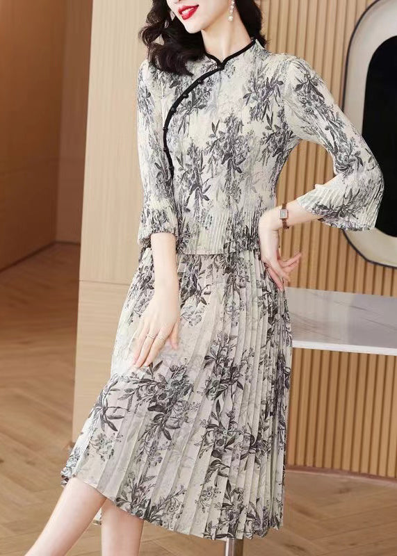 Grey Print Chiffon Oriental Dress Summer