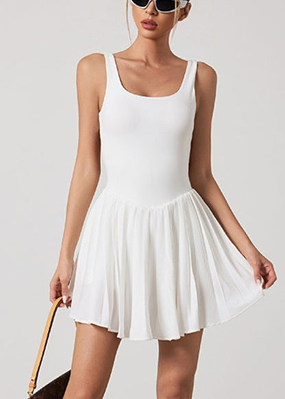 White U Neck Wrinkled Tennis Dress Sleeveless