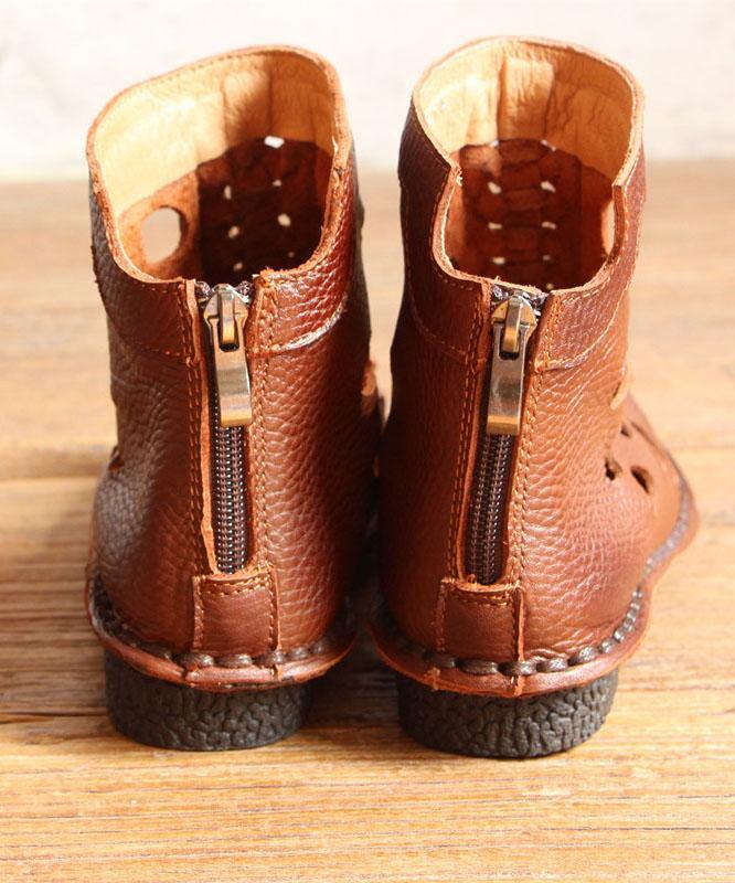 Hollow Out Boots Brown Cowhide Leather