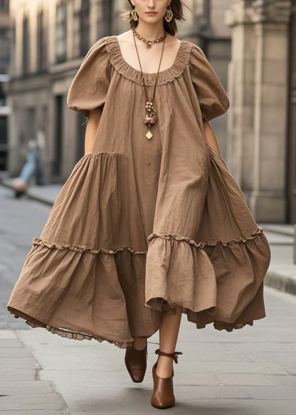 Brown Oversized Ruffled Vacation Dresses Lantern Sleeve