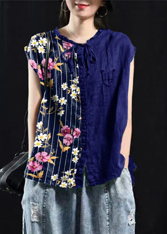 Organic Blackish Green Patchwork Ruffled Top Short Sleeve