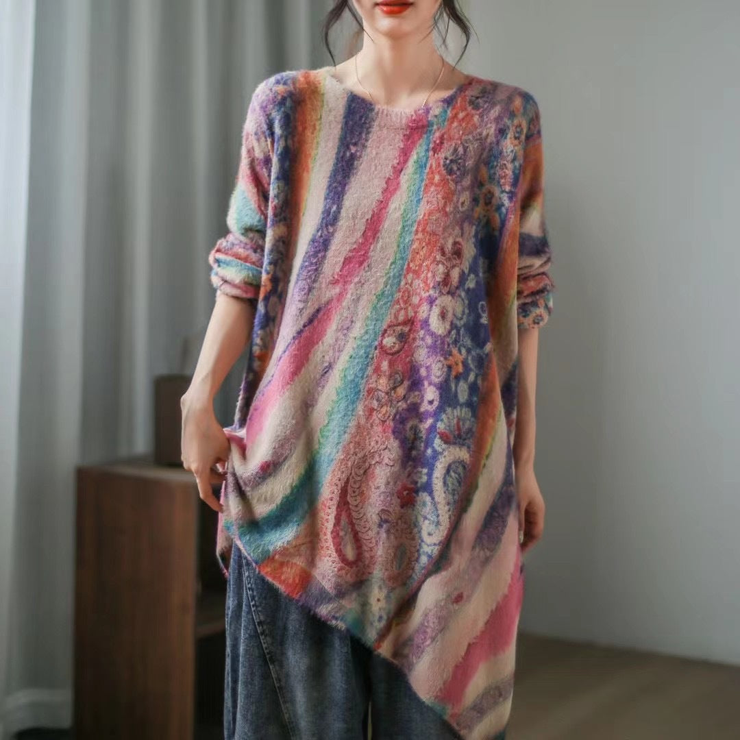 Retro Literary Print Mid-length Irregular Knitted Sweater