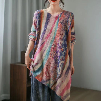 Retro Literary Print Mid-length Irregular Knitted Sweater