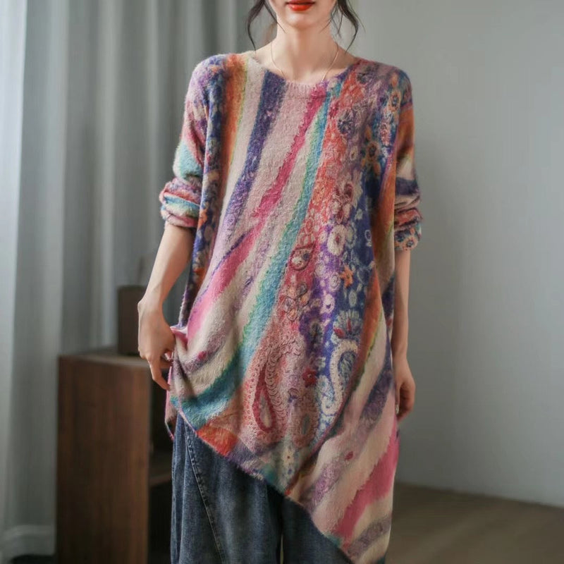 Retro Literary Print Mid-length Irregular Knitted Sweater