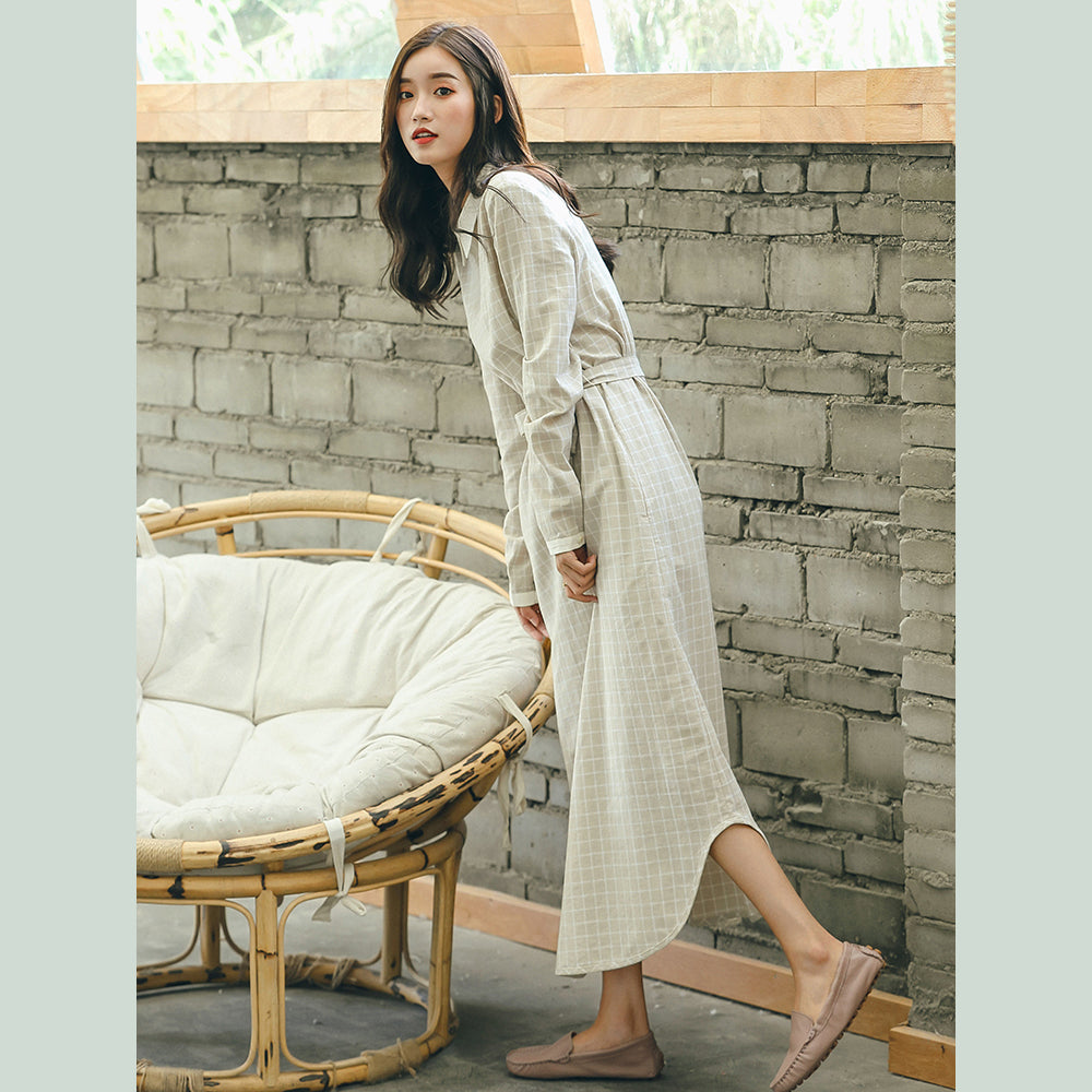 Baggy Plaid Turn-down Collar a Line Skirts Gown Tie Waist Autumn Dress