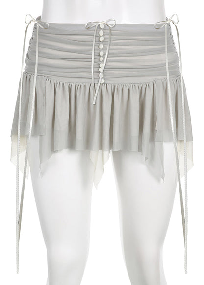 Simple Grey Tasseled Wrinkled Patchwork Tulle Skirt Summer