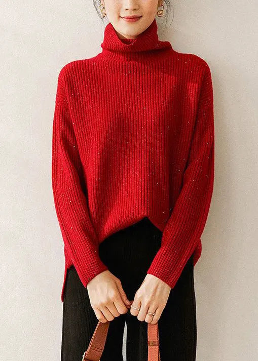Red Turtleneck Cozy Knit Sweaters Long Sleeve