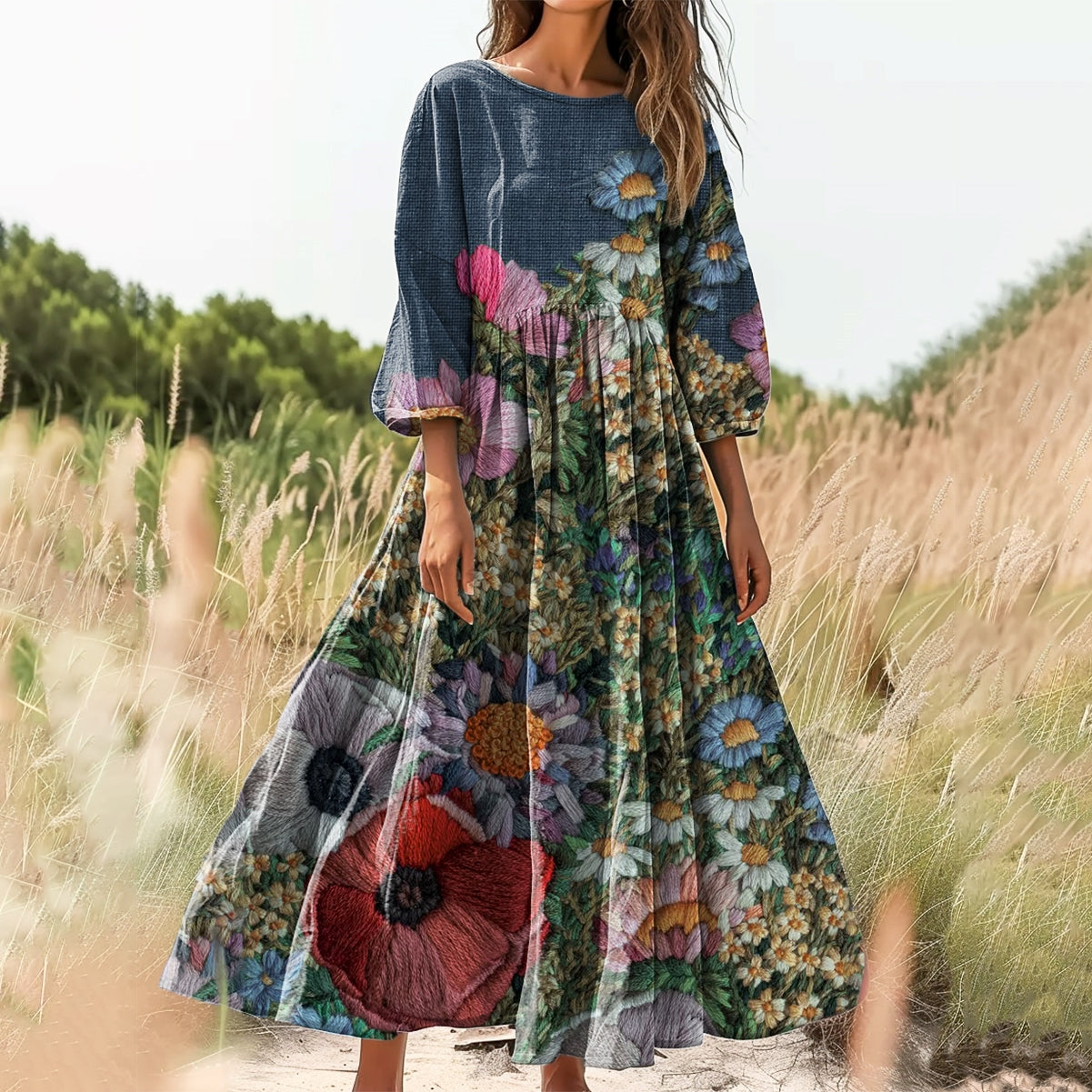 Women's Floral Art Print Cotton Crew Neck Dress