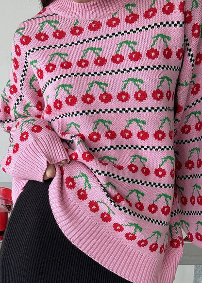 New Pink O Neck Thick Print Knit Short Sweater Fall