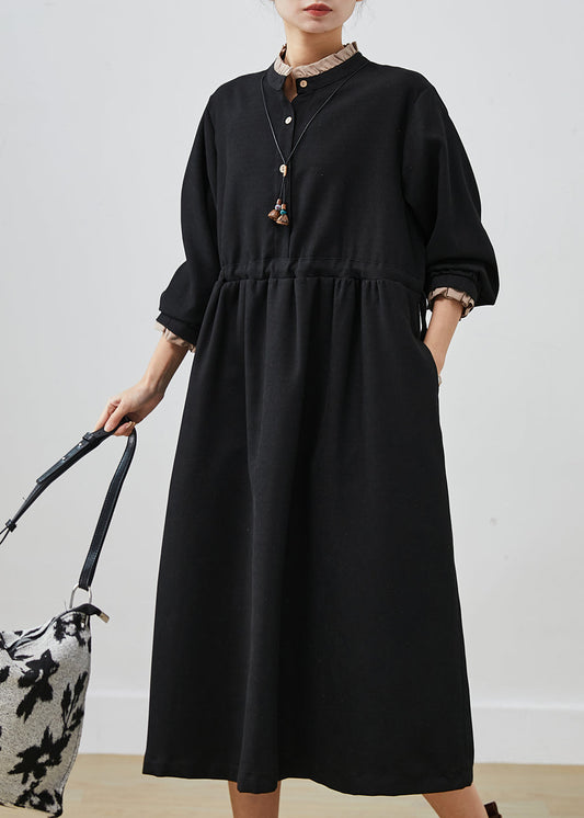 Black Drawstring Cotton Fake Two Piece Dresses Spring